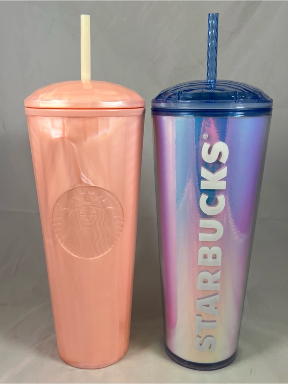 Starbucks Lot Of 2 Tumblers 2021 Peach Dome & 2023 Iridescent Dome Lid 24 oz